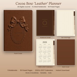 Peut inclure: Un planificateur numérique A5 intitulé Cocoa Bow 'Leather' Planner avec une couverture marron ornée d'un nœud en relief et d'un cadre ovale. Comprend un séparateur de carnet, une page à points, des calendriers 2026 et 2027 et une couverture arrière marron. Texte : 5 Linked Notebooks et 50 Preset Pages.