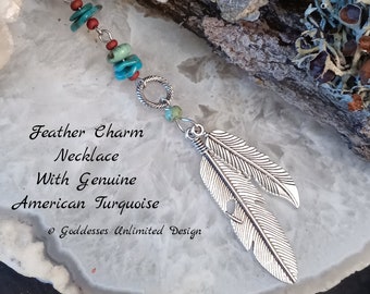 Native Feather Charm Necklace w/ Genuine American Turquoise on leather cord, Unisex, Native Style, Boho Necklace, Festival Jewelry