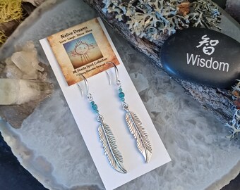 Feather Earrings, w/ Genuine American Turquoise, Powerful Woman, Boho jewelry, Native Style, Tribal Jewelry