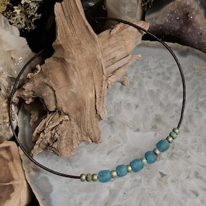 Mens Boho Style Choker Necklace w/ Recycled Turquoise Glass African Beads, Beach Necklace, Surfer Necklace, Mens Jewelry, Leather Necklace