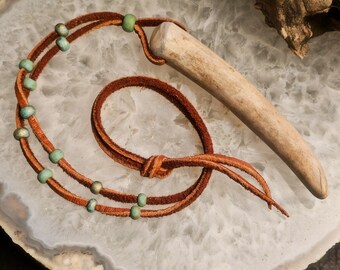 Rustic Deer Antler Point Necklace on Leather, Beaded Antler Pendant, Native Style Antler Jewelry, Boho Tribal Unisex, Shaman Priestess