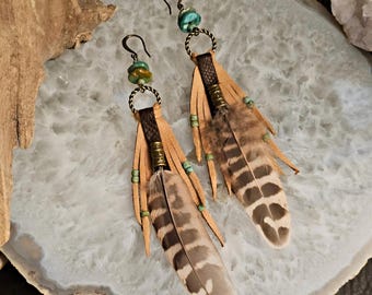 Leather & Pheasant Feather Earrings with genuine Turquoise, Leather Jewelry, Boho Earrings, Leather Fringe Earrings, Western Style
