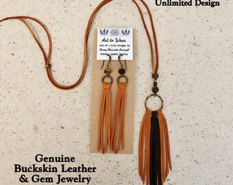 Saddle Tan, Chocolate Brown Leather Fringe Earrings & Necklace, Western Boho Style Jewelry, Leather Jewelry with Tiger's Eye Gemstones