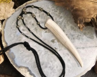 Antler Point Necklace on Black Leather, Beaded Amulet Pendant, Native Style Boho Tribal Rustic Deer Pendant, Unisex, Shaman, Priestess