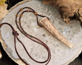 Rustic Deer Antler Point Necklace on Leather, Beaded Antler Pendant, Native Style Antler Jewelry, Boho Tribal Unisex, Shaman Priestess