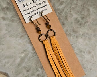 Golden Leather Fringe Earrings & Necklace with Tigers Eye Gems, Long Leather Earrings,  Western Boho Style Jewelry
