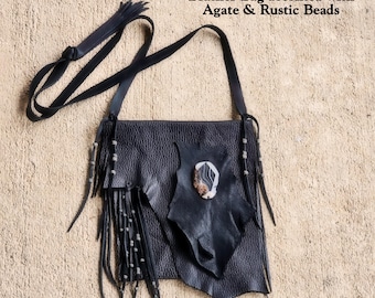 Black Leather Beaded Purse with Agate Gem, Fringe Boho Spirit Bag, Native Style Medicine Bag, OOAK, Genuine Leather Purse
