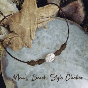 Mens Bohemian Style Choker Necklace with Antique Agate & Recycled Glass Beads, Beach Choker, Surfer Necklace, Mens Jewelry, Mens Boho
