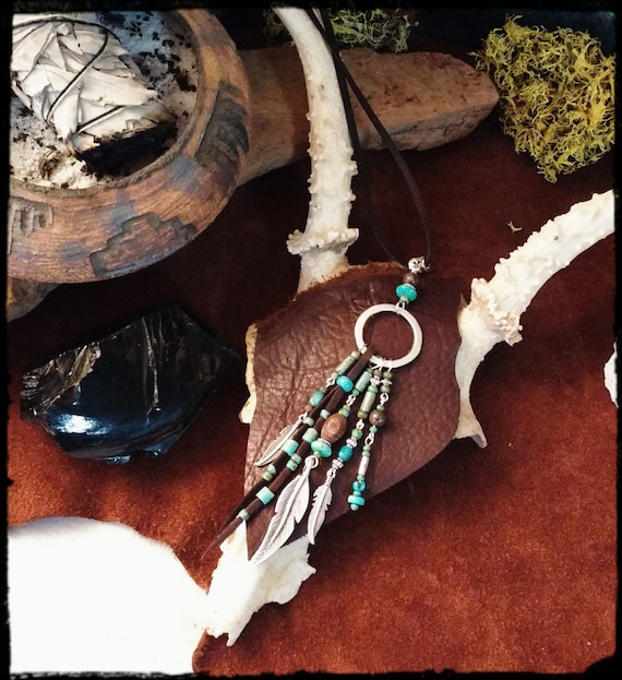 Feather Charm Necklace w/ Genuine American Turquoise on leather cord, Powerful Woman, Boho jewelry, Native Style