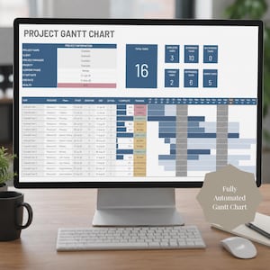 May include: A computer monitor displaying a project Gantt chart with project information, task lists, and progress bars. The screen shows a dashboard with 16 total tasks, status metrics, and a timeline. A beige overlay contains the text Fully Automated Gantt Chart.