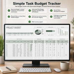 May include: A computer monitor displaying a Simple Task Budget Tracker spreadsheet with project budget, task tracker, resource effort, and cost tables. The screen includes charts, green checkmark feature lists, and text headers for project management.