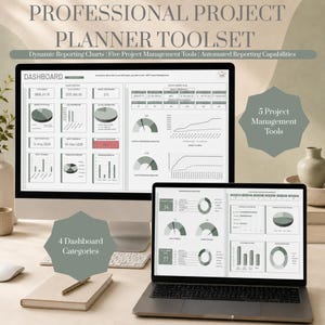 Könnte beinhalten: Ein professionelles Projektplanungs-Tool-Set, das auf einem Desktop-Computer und einem Laptop-Bildschirm angezeigt wird. Die Bildschirme zeigen ein Dashboard mit dynamischen Berichtsdiagrammen und 4 Dashboard-Kategorien für das Projektmanagement.