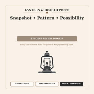 Könnte beinhalten: Ein digitales Dokument zum Herunterladen mit dem Titel Lantern & Hearth Press Student Review Toolkit. Der Text lautet Snapshot • Pattern • Possibility und Study the moment. Find the pattern. Keep possibility open. Es enthält ein schwarzes Laternensymbol.
