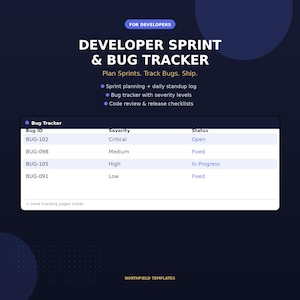 May include: A digital template titled Developer Sprint & Bug Tracker for developers. It includes sections for sprint planning, bug tracking with severity levels, and code review checklists. A table displays bug IDs, severity, and status.