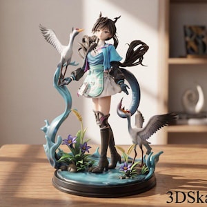 May include: A detailed anime-style figurine featuring a character with dark hair and horns, wearing a blue and white outfit. The figure stands on a circular base with two crane birds, blue water-like swirls, and purple flowers. Text reads 3DSkaXii Studio.