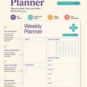 Peut inclure: Une page d'agenda hebdomadaire 2026 avec un fond crème, du texte violet et des accents bleu sarcelle. La mise en page comprend des sections pour les objectifs, le suivi des habitudes, un espace notes et un planning quotidien du lundi au dimanche.