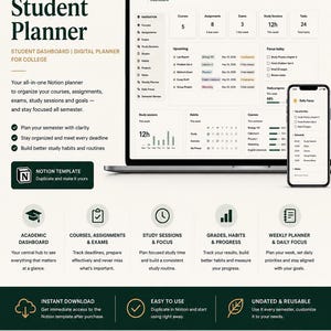 May include: A digital Notion student planner template displayed on a laptop and smartphone screen. The interface features an academic dashboard with sections for courses, assignments, exams, study sessions, tasks, habits, and daily focus tracking.