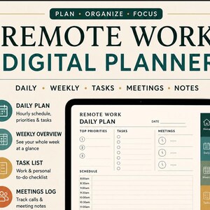 Peut inclure: Un planificateur numérique pour le travail à distance affiché sur un écran de tablette avec un stylet. L'interface comprend des sections pour les plans quotidiens, les aperçus hebdomadaires, les listes de tâches et les journaux de réunions.