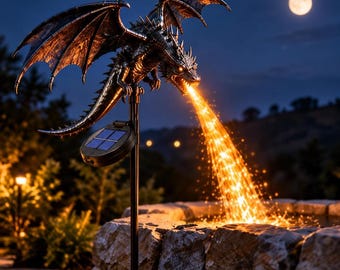 Solar Dragon Garden Stake Light, Fiber Optic Fire-Breathing Effect, Fantasy Outdoor Decor
