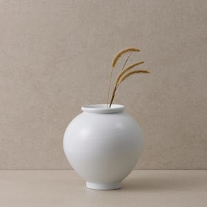 Könnte beinhalten: Eine matte weiße Keramikvase mit einem runden, kugelförmigen Körper und einem schmalen Hals. Die Vase hat einen kleinen, kreisförmigen Boden und enthält drei dünne, getrocknete, hellbraune Grashalme, die aus der Öffnung ragen.