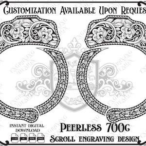 May include: A black and white digital graphic featuring two circular handcuff outlines adorned with intricate floral scrollwork engravings. The text reads: CUSTOMIZATION AVAILABLE UPON REQUEST, PEERLESS 700G, SCROLL ENGRAVING DESIGN, and INSTANT DIGITAL DOWNLOAD with SVG, AI, EPS, and PNG icons.