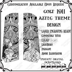 Peut inclure: Un fichier de conception numérique noir et blanc pour poignées de Colt 1911 avec un thème aztèque, des motifs complexes, un visage de divinité central et des figures humaines. Le texte inclut Customization Available Upon Request, Colt 1911 Aztec Theme Design, Laser Engraving Ready, Compatible With Ezcad, Lightburn, Inkscape, Adobe Illustrator, Instant Digital Download, et les formats de fichier SVG, AI, EPS, PNG, DXF.