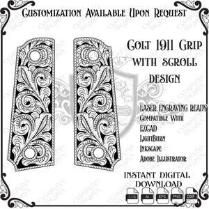 Pode incluir: Um arquivo digital em preto e branco apresentando um design de empunhadura Colt 1911 com padrões de volutas complexos. A imagem inclui o texto Customization Available Upon Request, Colt 1911 Grip With Scroll Design, Laser Engraving Ready e Instant Digital Download.