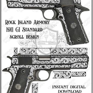 May include: A digital design file featuring a Rock Island Armory 1911 GI Standard pistol with an intricate black and white scroll engraving pattern. The image includes text labels, file format icons for SVG, AI, EPS, and PNG, and a decorative border.