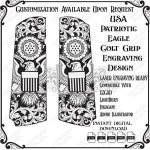 Pode incluir: Um design digital em preto e branco para empunhaduras Colt com águia, escudo e volutas. O texto inclui: CUSTOMIZATION AVAILABLE UPON REQUEST, USA PATRIOTIC EAGLE COLT GRIP ENGRAVING DESIGN, LASER ENGRAVING READY, COMPATIBLE WITH EZGAD, LIGHTBURN, INKSCAPE, ADOBE ILLUSTRATOR, INSTANT DIGITAL DOWNLOAD.