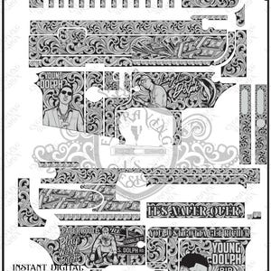 May include: A black and white digital design file featuring intricate scrollwork patterns, stacks of hundred-dollar bills, and portraits of Young Dolph. Text includes "Young Dolph," "Long Live Dolph," "It's Never Over," and "You Just Gotta Get Richer."
