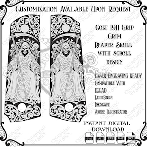 Puede incluir: Un diseño digital en blanco y negro para empuñaduras de Colt 1911 con una calavera de la parca y adornos de volutas. El texto incluye Customization Available Upon Request, Colt 1911 Grip Grim Reaper Skull With Scroll Design e Instant Digital Download.