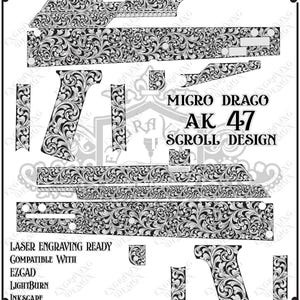May include: A digital file set featuring a black and white scrollwork pattern for laser engraving on a Micro Drago AK 47. The design includes various component templates, text reading 'Customization Available Upon Request', 'Micro Drago AK 47 Scroll Design', and software compatibility labels.