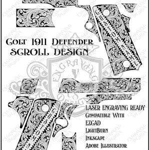 Pode incluir: Um arquivo digital em preto e branco com um design de volutas para Colt 1911 Defender para gravação a laser. A imagem exibe padrões florais intrincados e o texto Customization Available Upon Request, Colt 1911 Defender Scroll Design, Laser Engraving Ready, Compatible With Ezcad, Lightburn, Inkscape, Adobe Illustrator, Instant Digital Download, e ícones de formatos de arquivo.
