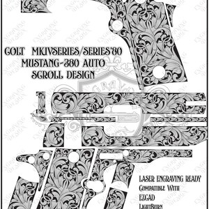 May include: A black and white digital file featuring intricate scrollwork patterns for a Colt MKIV Series/Series 80 Mustang 380 Auto. The design includes laser engraving ready files compatible with EZGAD, LightBurn, Inkscape, and Adobe Illustrator.