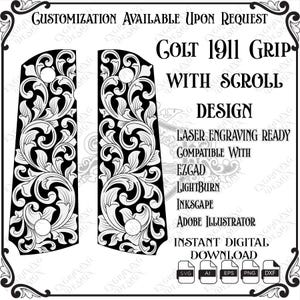 May include: A black and white digital file featuring a Colt 1911 grip with a scroll design. Text includes: CUSTOMIZATION AVAILABLE UPON REQUEST, COLT 1911 GRIP WITH SCROLL DESIGN, LASER ENGRAVING READY, COMPATIBLE WITH EZGAD, LIGHTBURN, INKSCAPE, ADOBE ILLUSTRATOR, INSTANT DIGITAL DOWNLOAD, SVG, AI, EPS, PNG, DXF.