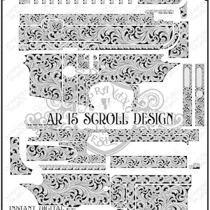 Puede incluir: Un conjunto de archivos digitales con un diseño de volutas para AR 15 con intrincados patrones florales en blanco y negro. El diseño incluye varias formas de componentes para grabado, con el texto Customization Available Upon Request.
