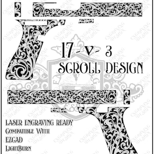 Puede incluir: Un archivo digital con un patrón de volutas en blanco y negro para grabado láser. El texto dice: Customization Available Upon Request, 17 v 3 Scroll Design, Laser Engraving Ready, Compatible With Ezgad, Lightburn, Inkscape, Adobe Illustrator, Instant Digital Download.