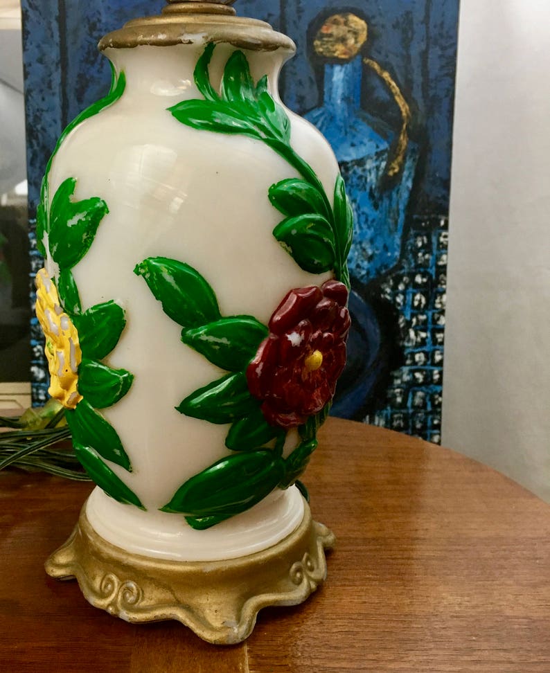 Colorful Vintage Boho Style Painted Table Lamp Just add Shade Working Electrical Painted Flowers