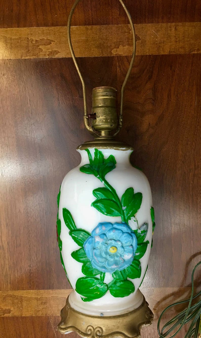 Colorful Vintage Boho Style Painted Table Lamp Just add Shade Working Electrical Painted Flowers
