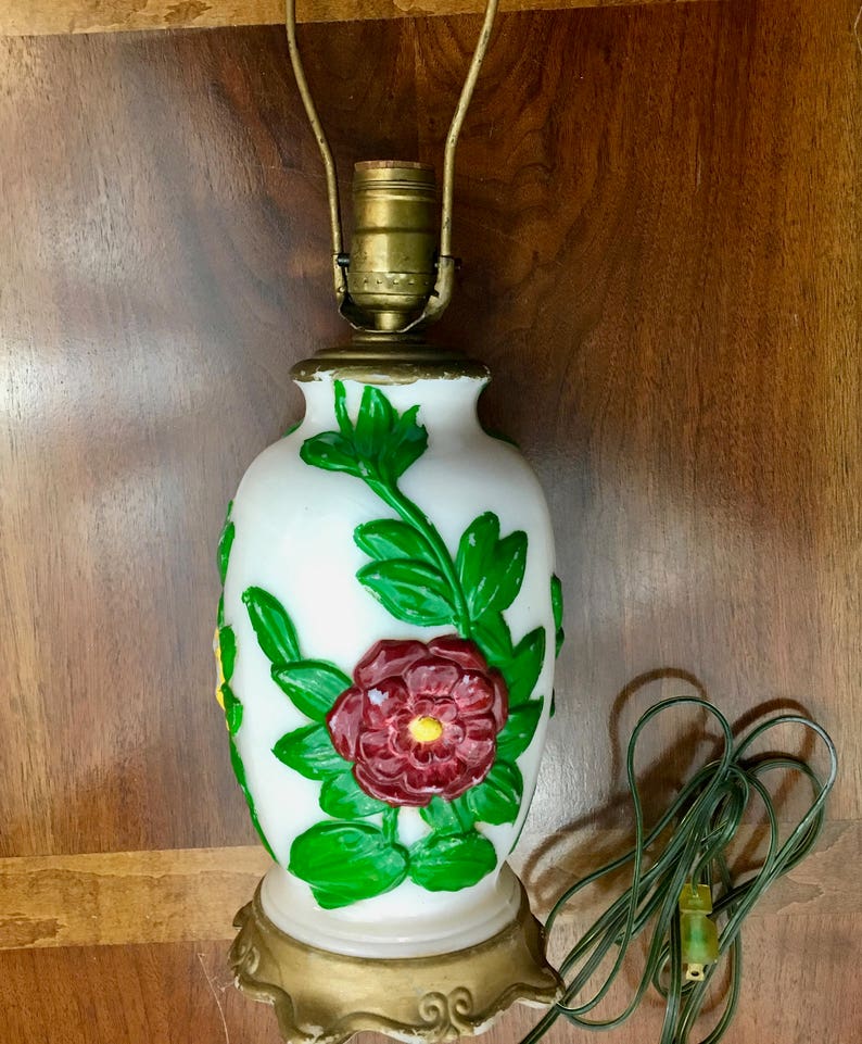 Colorful Vintage Boho Style Painted Table Lamp Just add Shade Working Electrical Painted Flowers