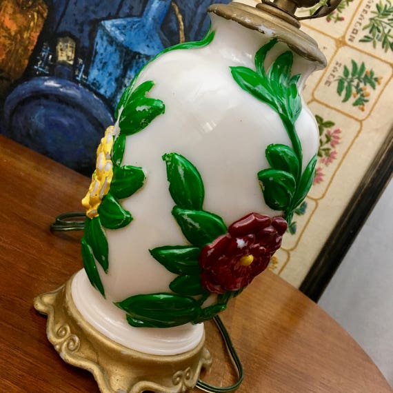 Colorful Vintage Boho Style Painted Table Lamp Just add Shade Working Electrical Painted Flowers