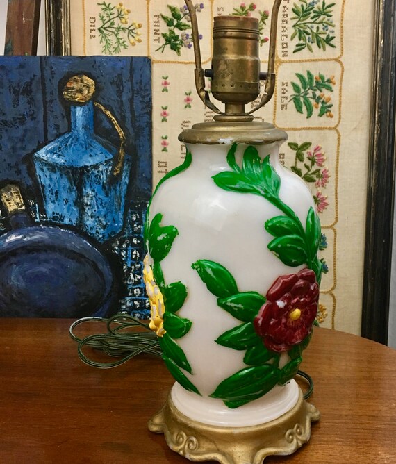 Colorful Vintage Boho Style Painted Table Lamp Just add Shade Working Electrical Painted Flowers