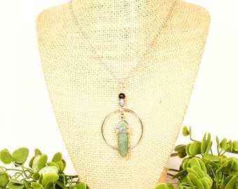 Crystal necklace, gemstone necklace, crystal point pendant, aventurine necklace, green stone necklace, green aventurine pendant, long