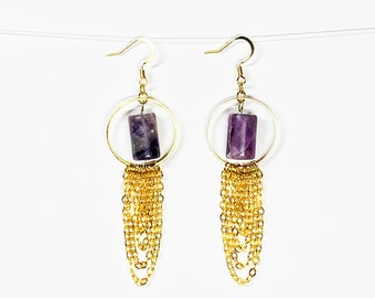 Gemstone dangle earrings, amethyst earrings, stone dangle earrings, chain earrings, brass earrings, gemstone earrings, amethyst jewelry