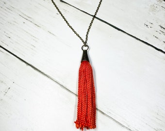 long tassel necklace, cherry red, red tassel, long, tassel necklace, tassel, tassel pendant, boho, necklace, trendy, bronze, long, layering