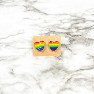 Pride earrings, rainbow heart studs, gay pride earrings, multicolor earrings, lgbt earrings, novelty earrings, rainbow studs, polymer clay image 2