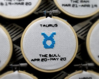 cross stitch, zodiac, astrology, taurus, zodiac sign, mini cross stitch, small cross stitch, astrology gift, astrology wall decor, witchy