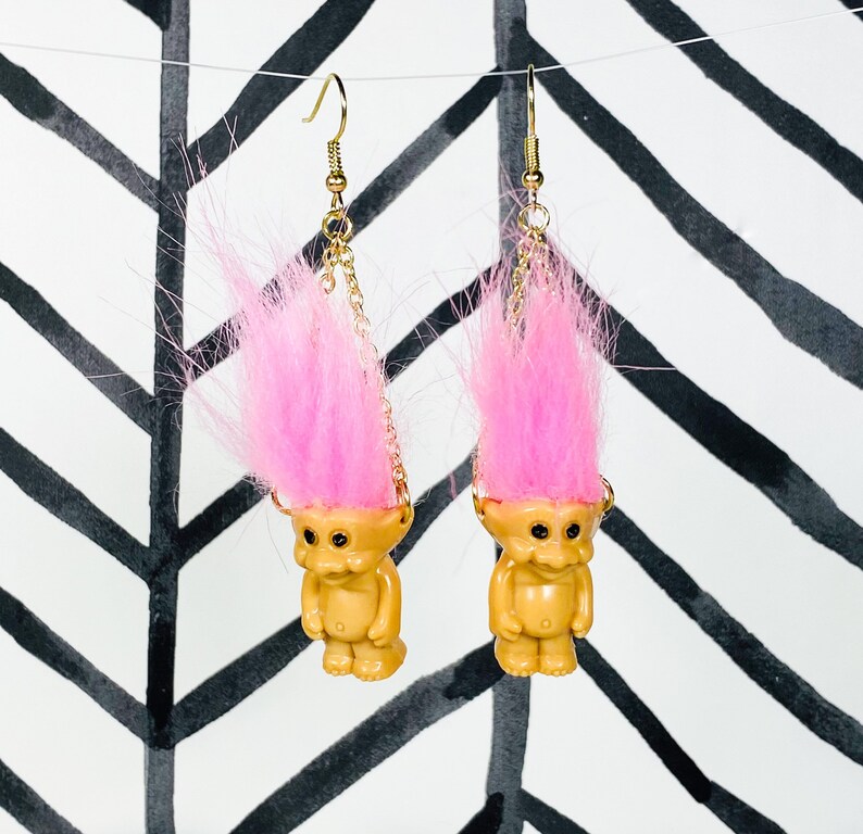 Mini troll doll earrings, pink troll doll earrings, troll earrings, goblincore, 90s earrings, 90s jewelry, toy earrings, cottagecore image 2