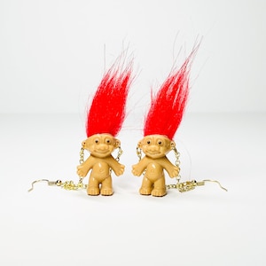 Mini troll doll earrings, red troll doll earrings, troll earrings, goblincore, 90s earrings, 90s jewelry, toy earrings, cottagecore