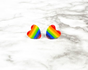 Pride earrings, rainbow heart studs, gay pride earrings, multicolor earrings, lgbt earrings, novelty earrings, rainbow studs, polymer clay